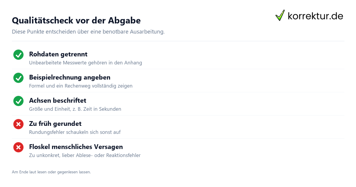 Qualitätscheck vor der Abgabe Laborbericht Auswertung: Checkliste für saubere Daten, Diagramme und Diskussion