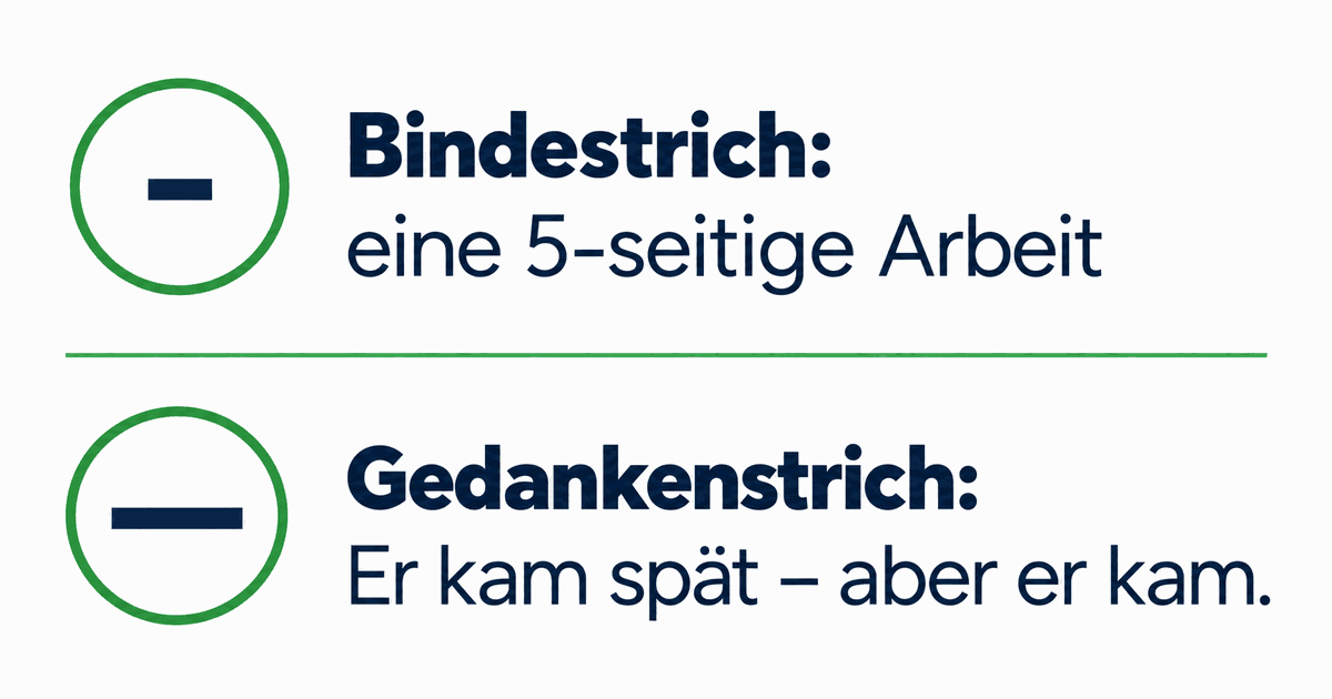 Kurzer und langer Strich im Satz Bindestrich und Gedankenstrich mit je einem vollständigen Beispielsatz