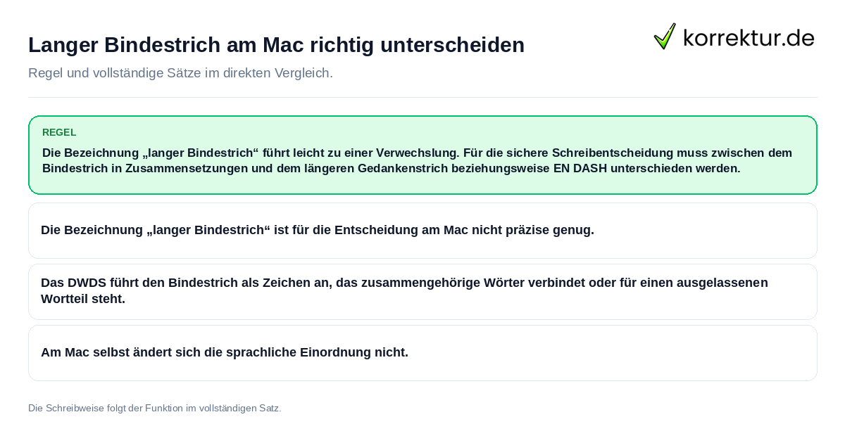 Konkrete Regel und vollständige Beispielsätze zu Langer Bindestrich am Mac richtig unterscheiden