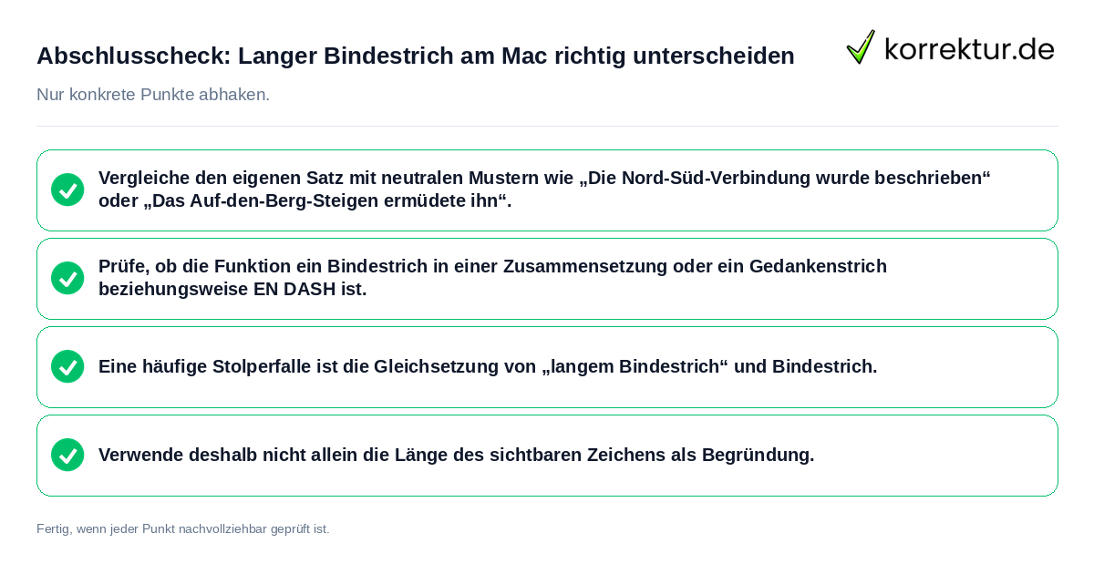 Konkreter Abschlusscheck zu Langer Bindestrich am Mac richtig unterscheiden
