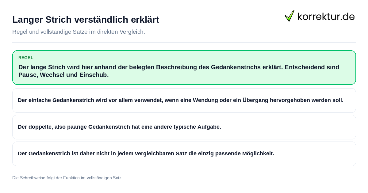 Langer Strich verständlich erklärt Konkrete Regel und vollständige Beispielsätze zu Langer Strich verständlich erklärt
