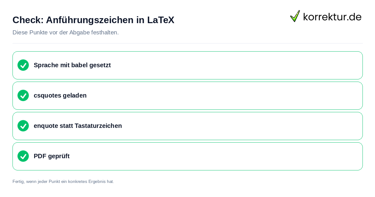 Check: Anführungszeichen in LaTeX Anführungszeichen in LaTeX: Prüfliste mit vier Punkten
