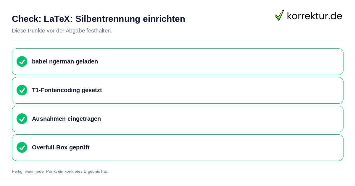 LaTeX: Silbentrennung einrichten: Prüfliste mit vier Punkten