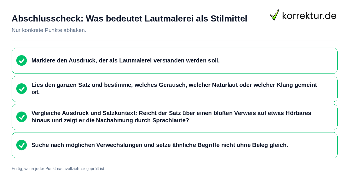 Konkreter Abschlusscheck zu Was bedeutet Lautmalerei als Stilmittel