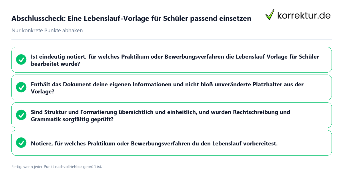 Abschlusscheck: Eine Lebenslauf-Vorlage für Schüler passend einsetzen Konkreter Abschlusscheck zu Eine Lebenslauf-Vorlage für Schüler passend einsetzen