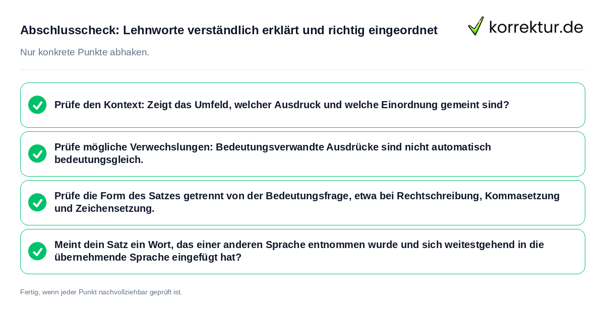 Konkreter Abschlusscheck zu Lehnworte verständlich erklärt und richtig eingeordnet