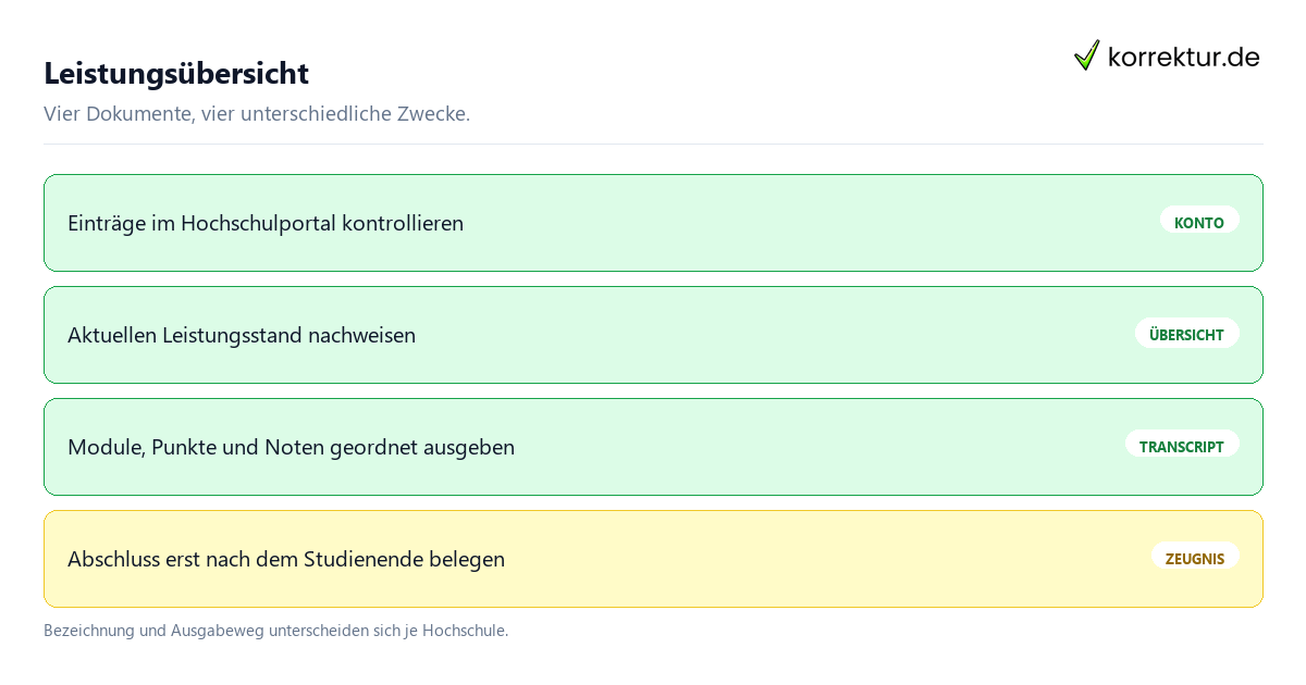Leistungsübersicht und Transcript of Records: Dokumente und Zuständigkeiten
