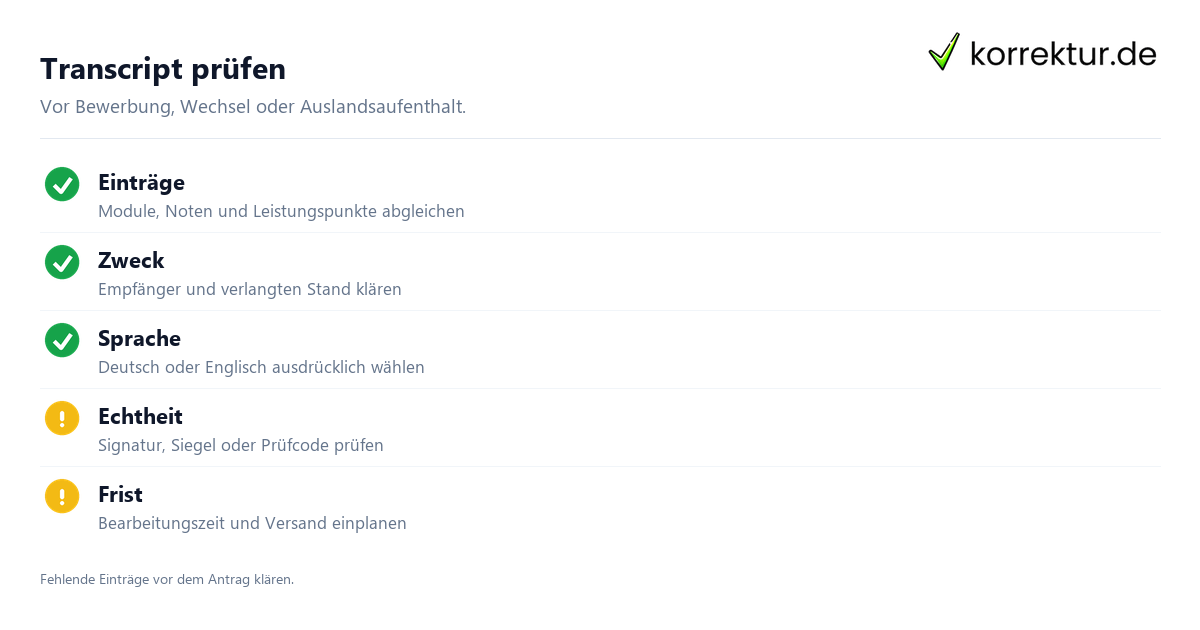 Leistungsübersicht und Transcript of Records: praktische Checkliste