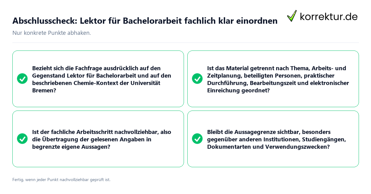 Konkreter Abschlusscheck zu Lektor für Bachelorarbeit fachlich klar einordnen