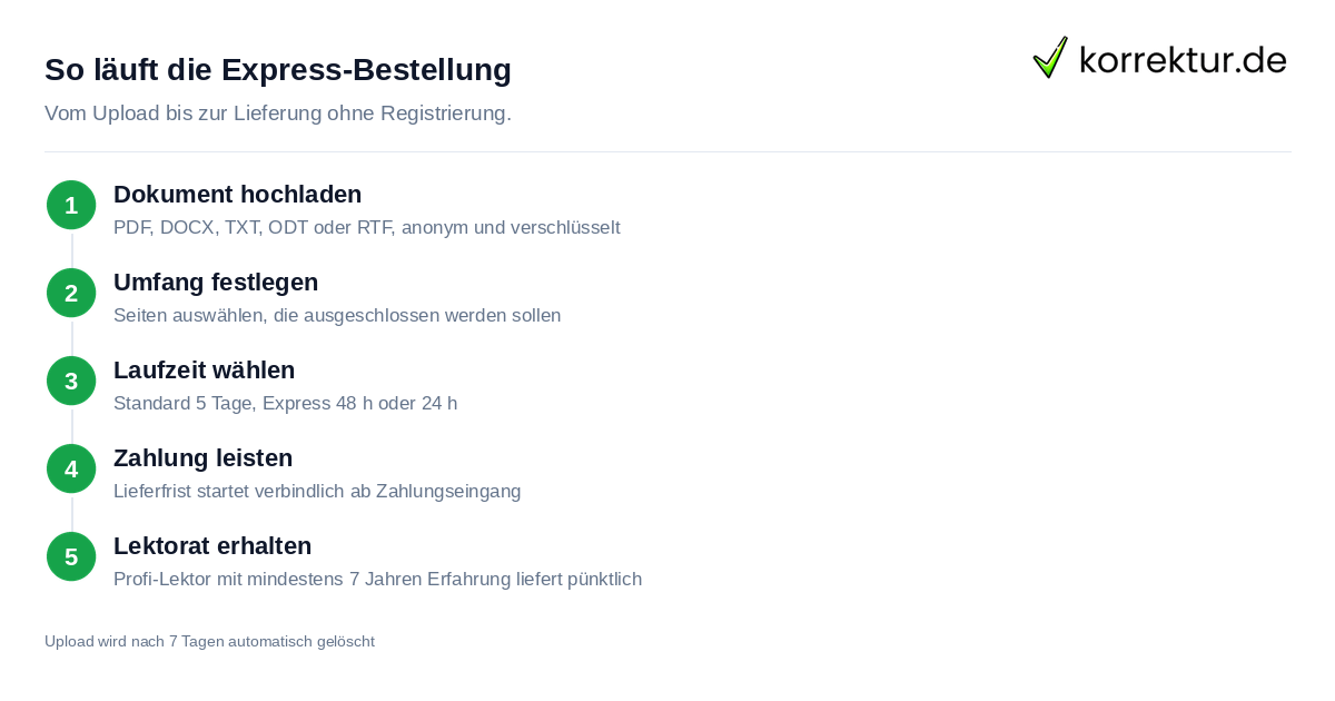 Ablauf beim Express-Lektorat für Bachelorarbeit in 24 oder 48 Stunden bestellen