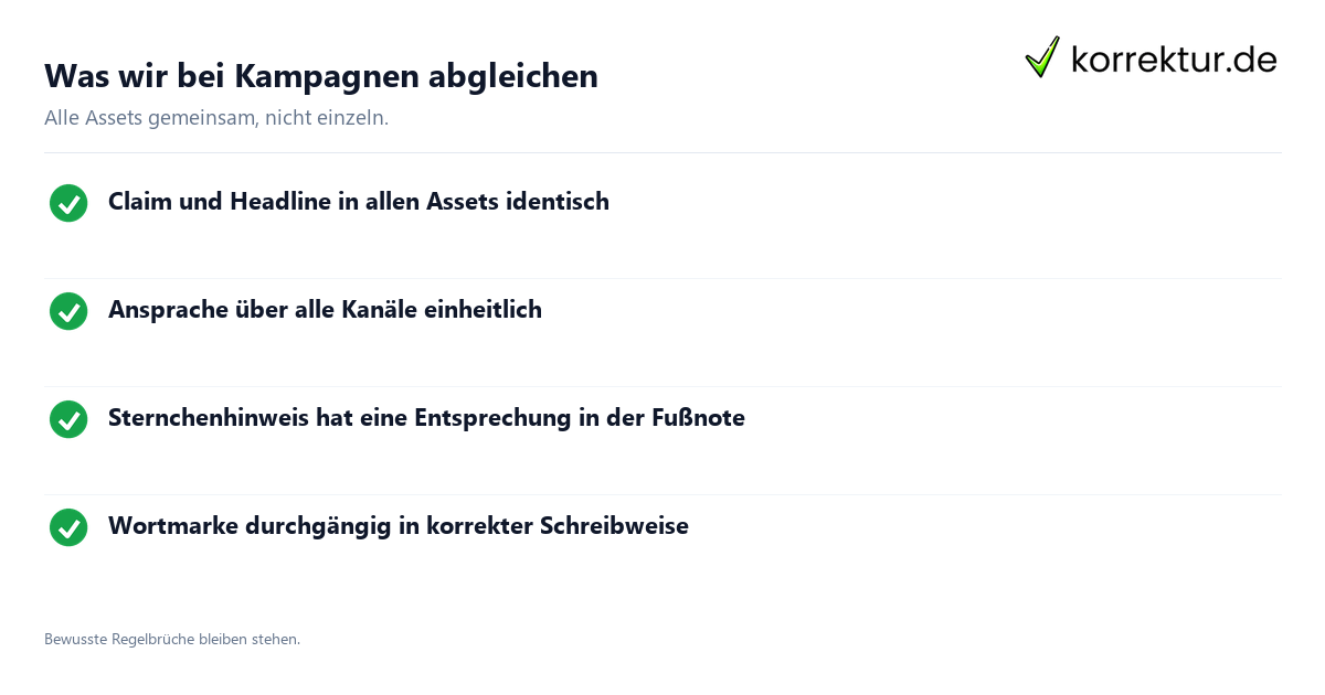 Was wir bei Kampagnen abgleichen Agentur-Lektorat: Abgleich über alle Kampagnen-Assets