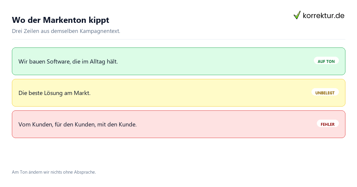 Wo der Markenton kippt Agentur-Lektorat: Markenton und Fehler im Beispiel