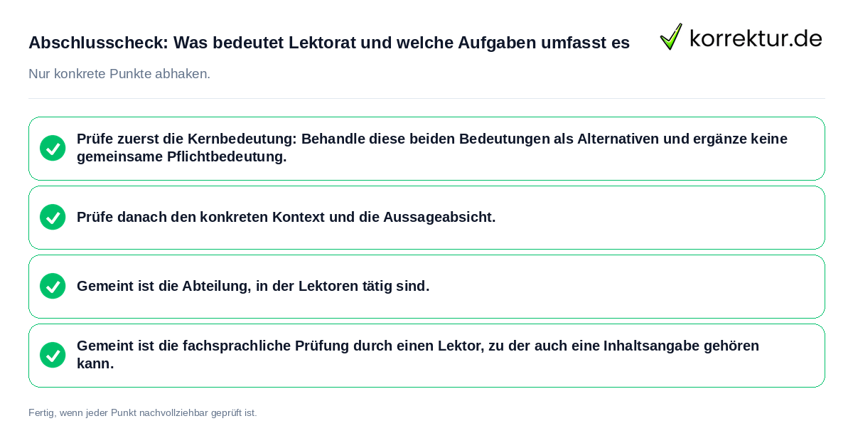 Konkreter Abschlusscheck zu Was bedeutet Lektorat und welche Aufgaben umfasst es