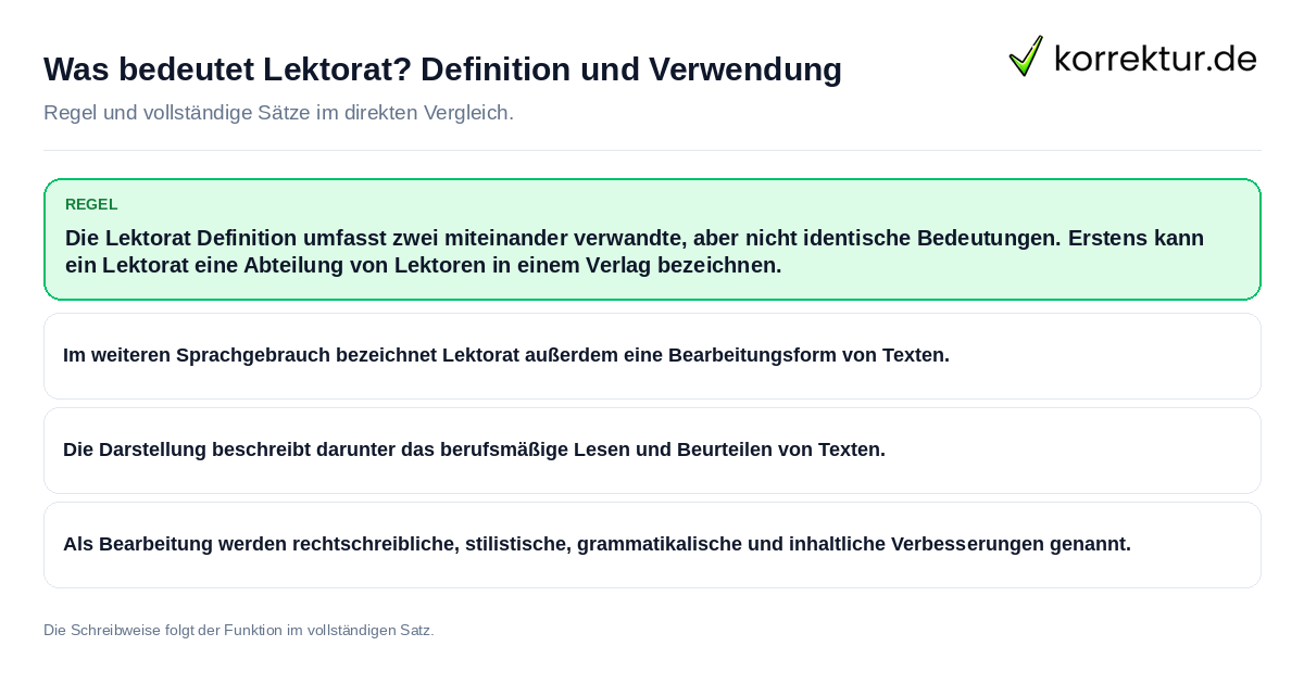 Konkrete Regel und vollständige Beispielsätze zu Was bedeutet Lektorat? Definition und Verwendung