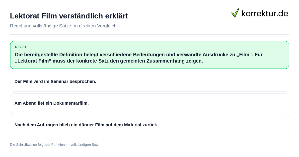 Konkrete Regel und vollständige Beispielsätze zu Lektorat Film verständlich erklärt