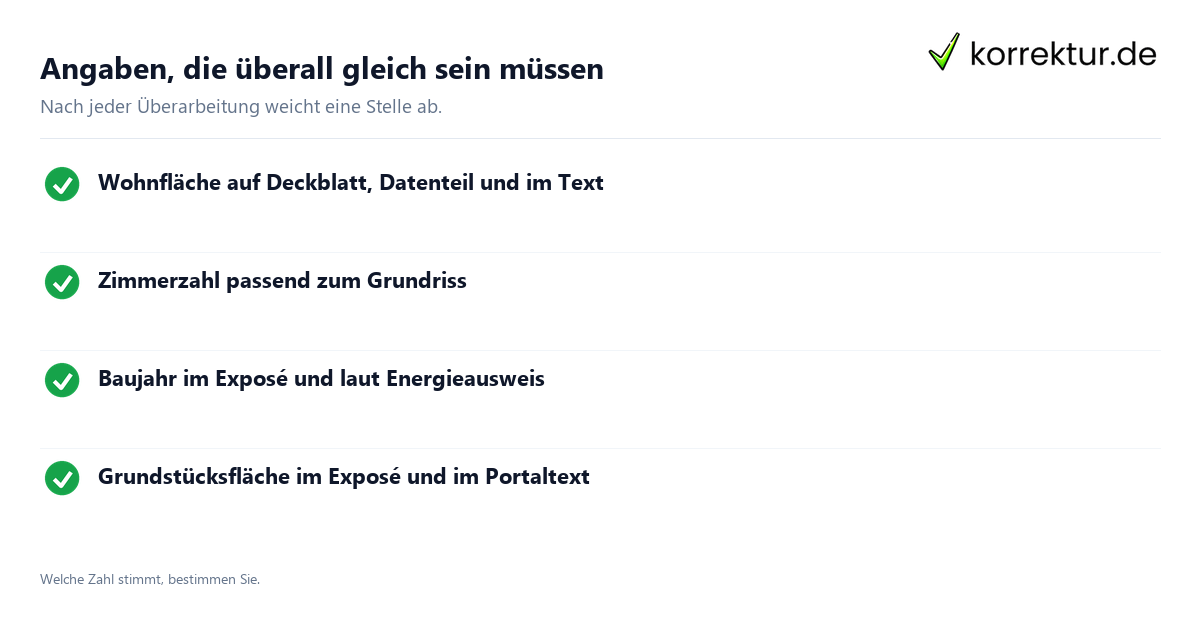 immobilienexposés vor: Angaben, die überall gleich sein müssen immobilienexposés vor: Exposé-Lektorat: Angaben im Abgleich