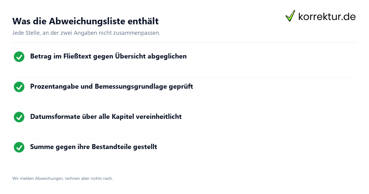 Lektorat Steuerkanzlei: Inhalt der Abweichungsliste