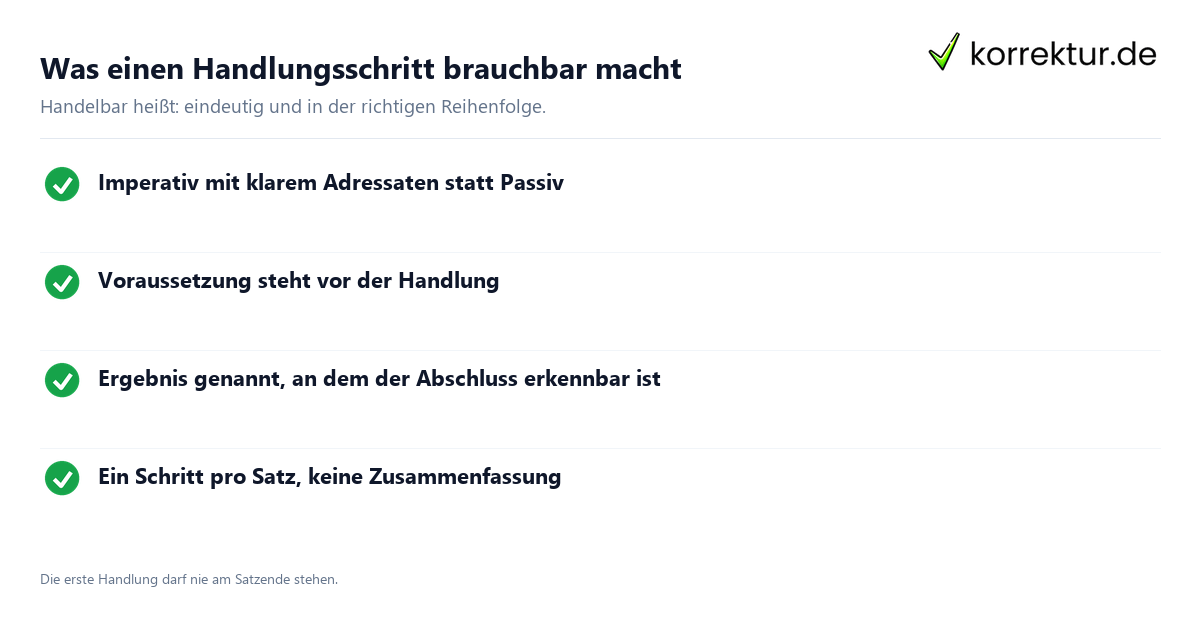Was einen Handlungsschritt brauchbar macht Technische Dokumentation: Aufbau von Handlungsschritten