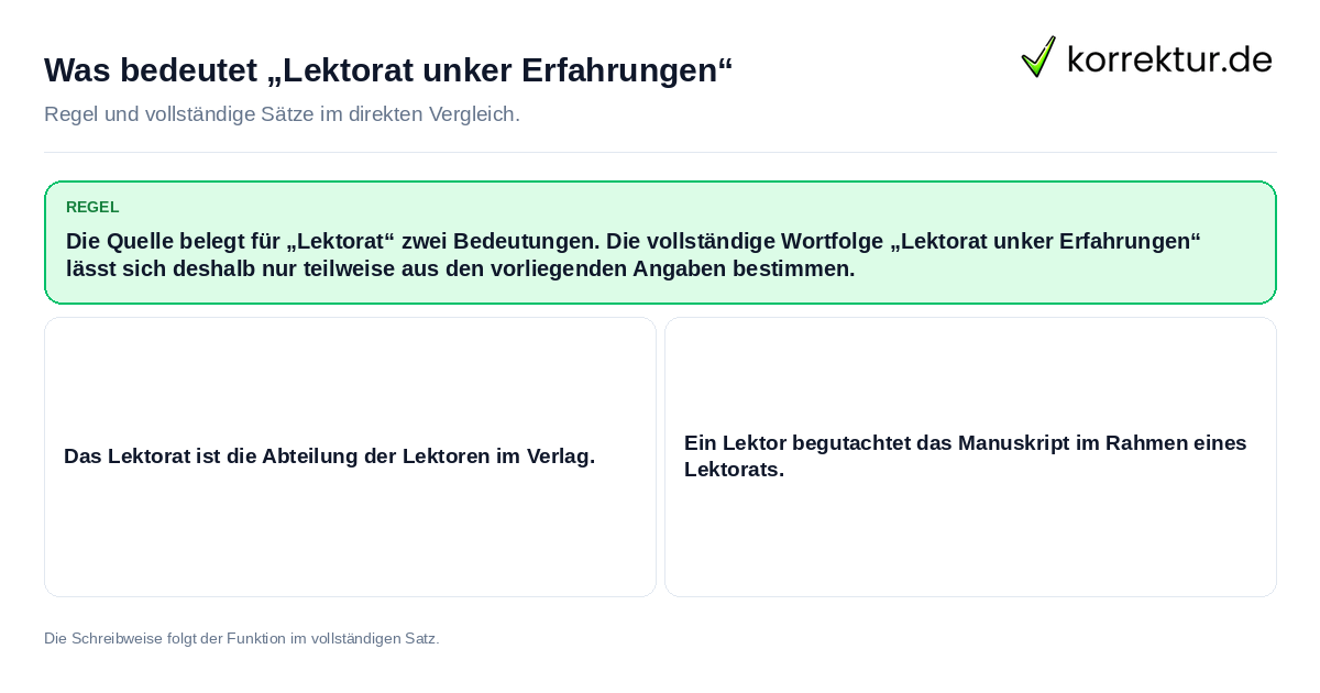 Konkrete Regel und vollständige Beispielsätze zu Was bedeutet „Lektorat unker Erfahrungen“