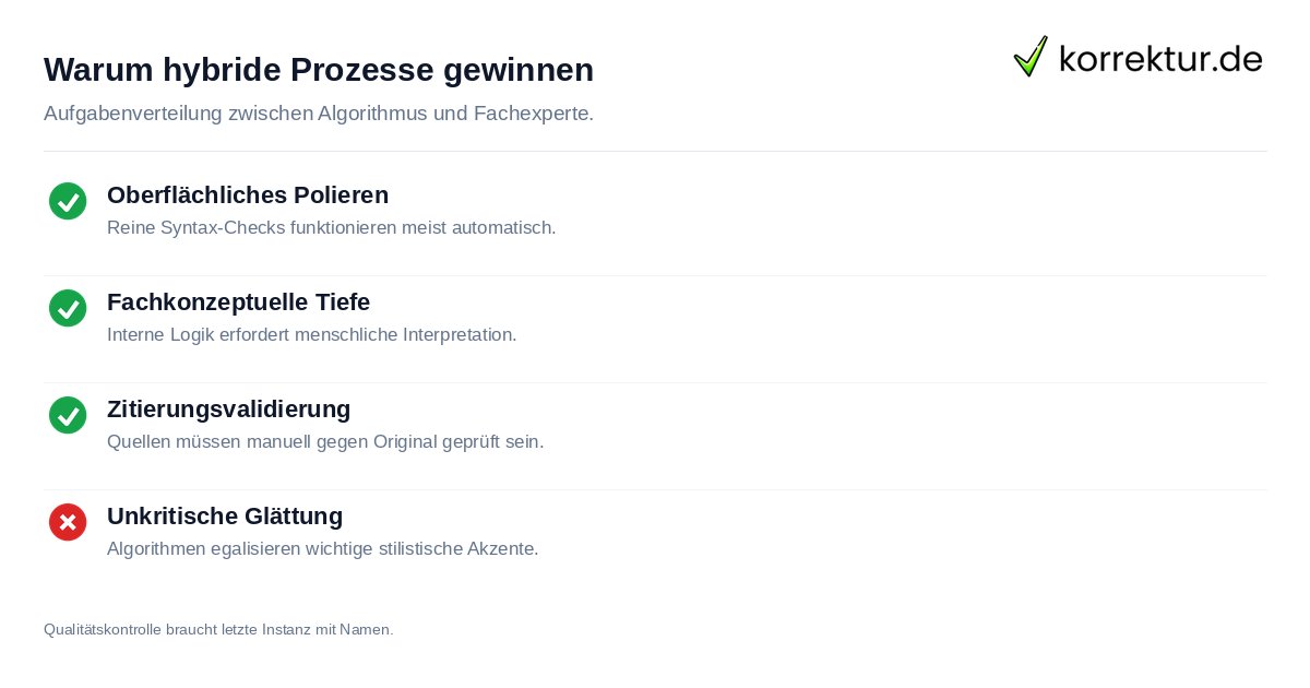 Warum hybride Prozesse gewinnen Vergleich Hybrides Modell versus reine KI Prüfung: Stärken menschlicher Lektorate bei akademischen