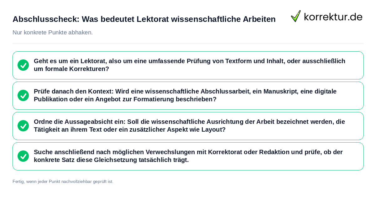 Konkreter Abschlusscheck zu Was bedeutet Lektorat wissenschaftliche Arbeiten