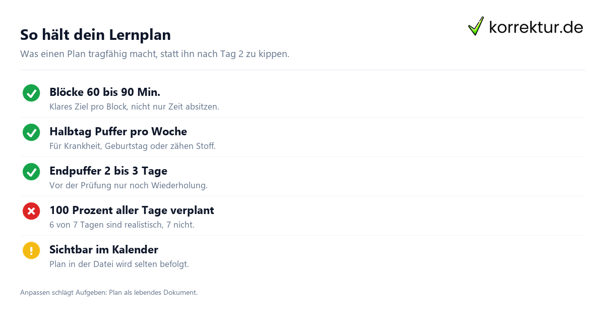 So hält dein Lernplan Checkliste realistischer Lernplan mit Puffer und Blöcken für Prüfungsphase