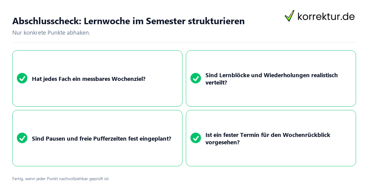 Konkreter Abschlusscheck zu Lernwoche im Semester strukturieren