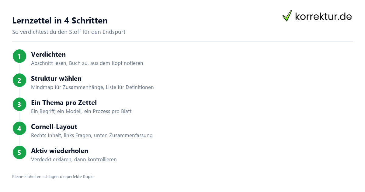 Lernzettel in 4 Schritten Lernzettel erstellen in 4 Schritten: verdichten, strukturieren, ein Thema pro Zettel, wiederholen