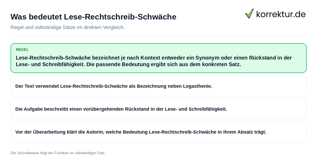 Konkrete Regel und vollständige Beispielsätze zu Was bedeutet Lese-Rechtschreib-Schwäche