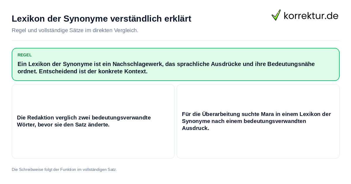 Konkrete Regel und vollständige Beispielsätze zu Lexikon der Synonyme verständlich erklärt