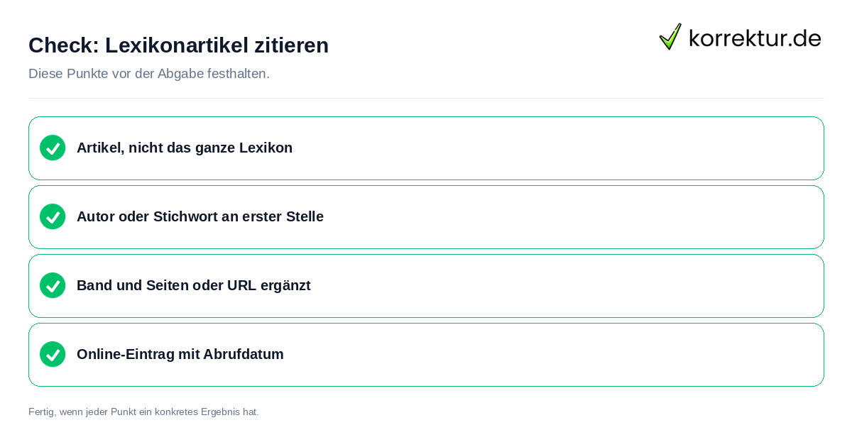 Lexikonartikel zitieren: Prüfliste mit vier Punkten