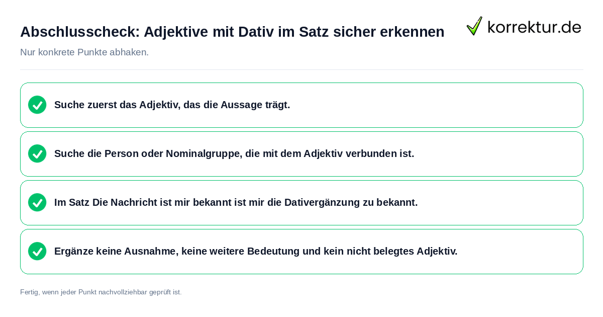 Konkreter Abschlusscheck zu Adjektive mit Dativ im Satz sicher erkennen