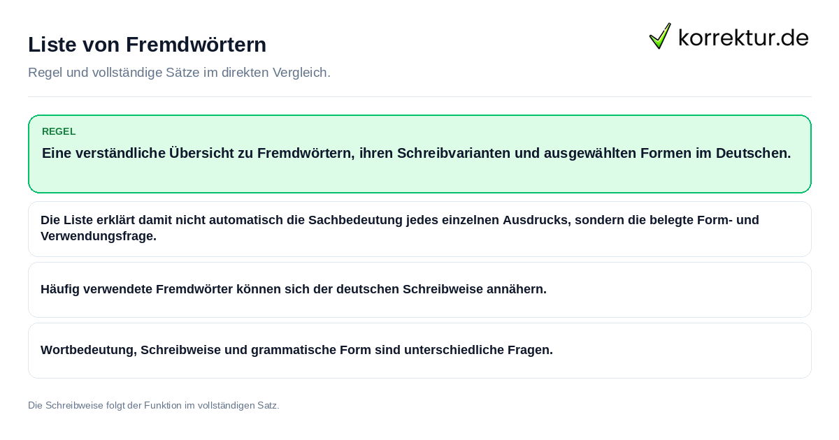 Liste von Fremdwörtern Konkrete Regel und vollständige Beispielsätze zu Liste von Fremdwörtern