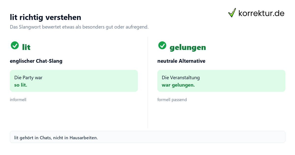 lit richtig verstehen lit Bedeutung im Chat und passende deutsche Alternativen