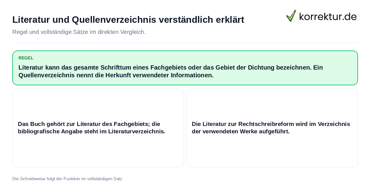Konkrete Regel und vollständige Beispielsätze zu Literatur und Quellenverzeichnis verständlich