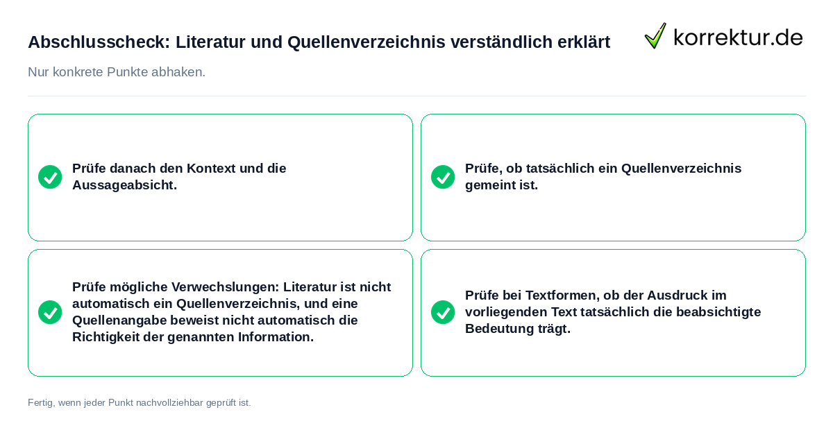 Konkreter Abschlusscheck zu Literatur und Quellenverzeichnis verständlich erklärt