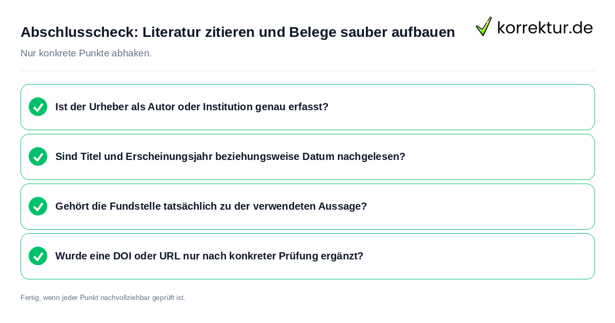 Abschlusscheck: Literatur zitieren und Belege sauber aufbauen Konkreter Abschlusscheck zu Literatur zitieren und Belege sauber aufbauen