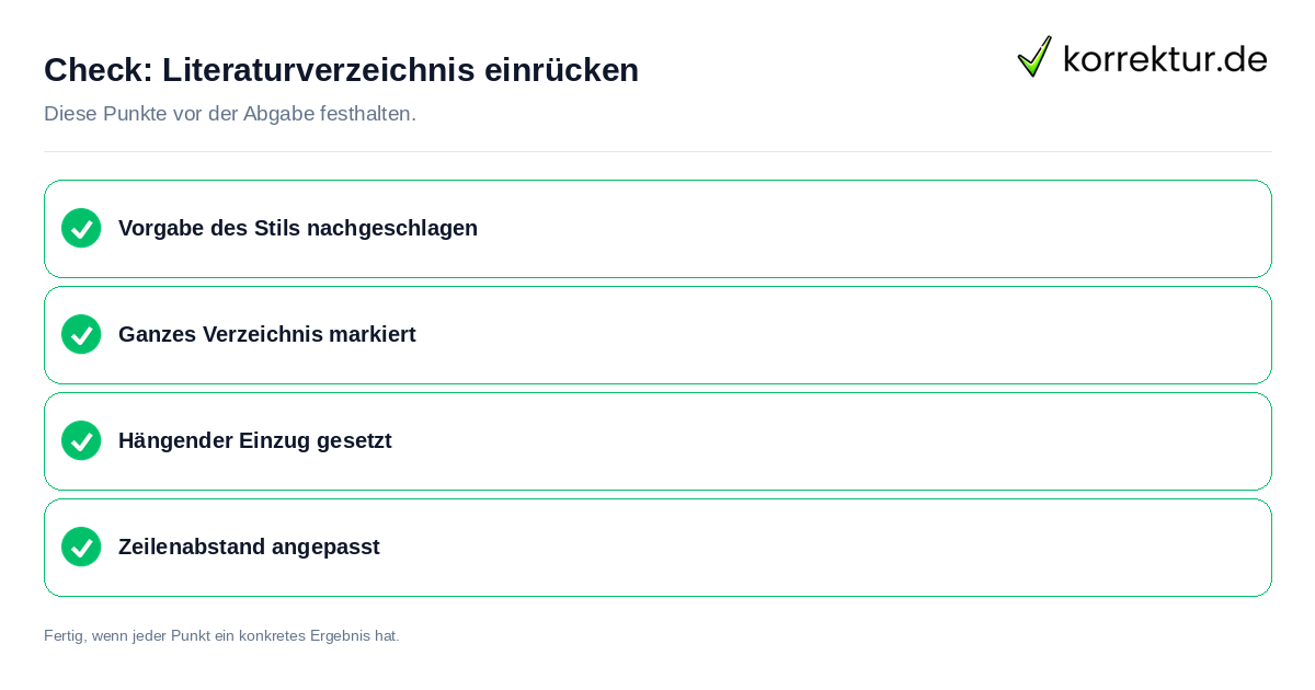 Literaturverzeichnis einrücken: Prüfliste mit vier Punkten
