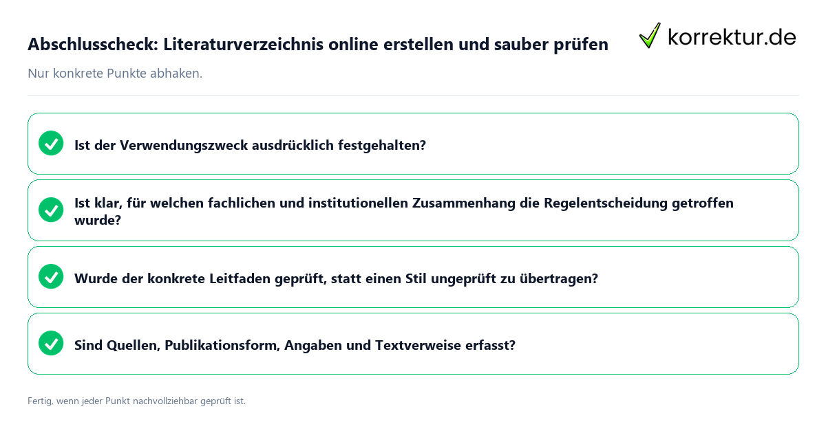 Abschlusscheck: Literaturverzeichnis online erstellen und sauber prüfen Konkreter Abschlusscheck zu Literaturverzeichnis online erstellen und sauber prüfen