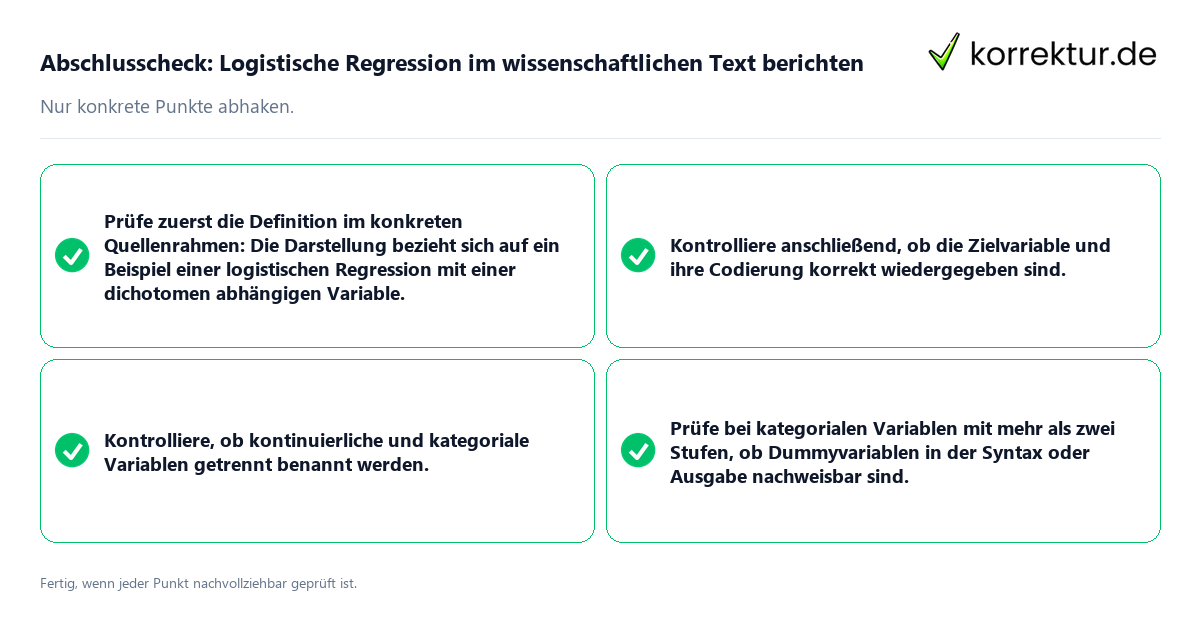 Abschlusscheck: Logistische Regression im wissenschaftlichen Text berichten Konkreter Abschlusscheck zu Logistische Regression im wissenschaftlichen Text berichten
