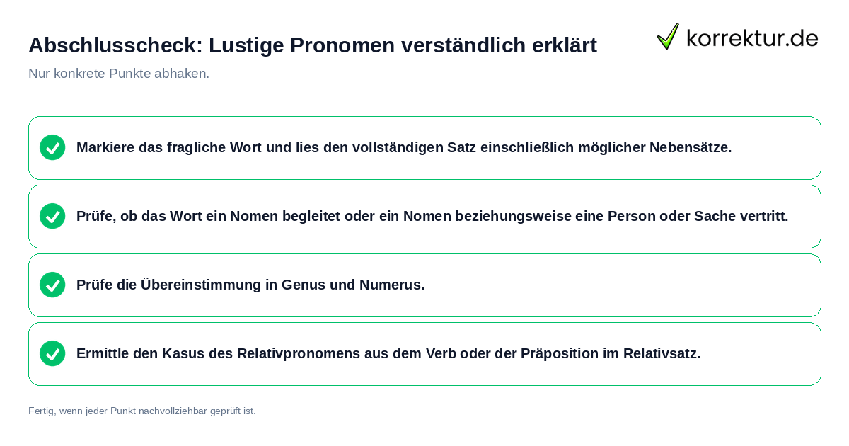 Konkreter Abschlusscheck zu Lustige Pronomen verständlich erklärt