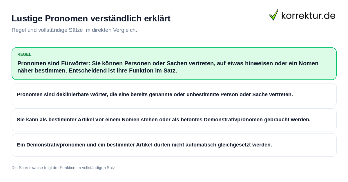 Konkrete Regel und vollständige Beispielsätze zu Lustige Pronomen verständlich erklärt