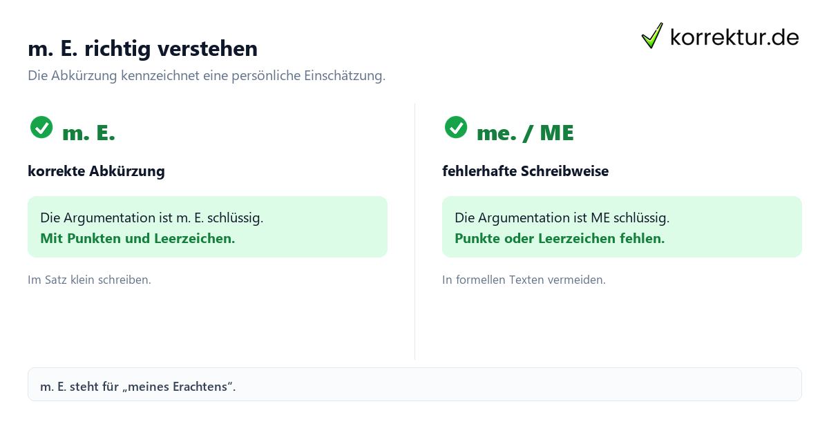 m. E. richtig verstehen m. E. Bedeutung: Abkürzung und Langform im Vergleich