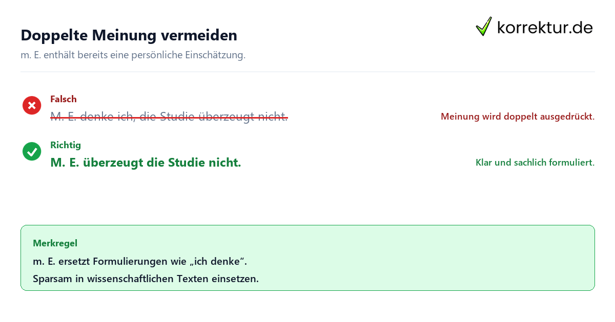 Doppelte Meinung vermeiden m. E. Bedeutung: korrekte Verwendung in wissenschaftlichen Texten