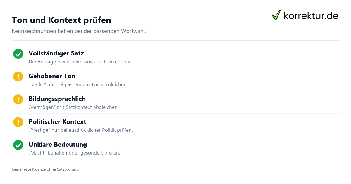 Ton und Kontext prüfen Synonyme für Macht passend zum Satz auswählen: Ton und Kontext prüfen