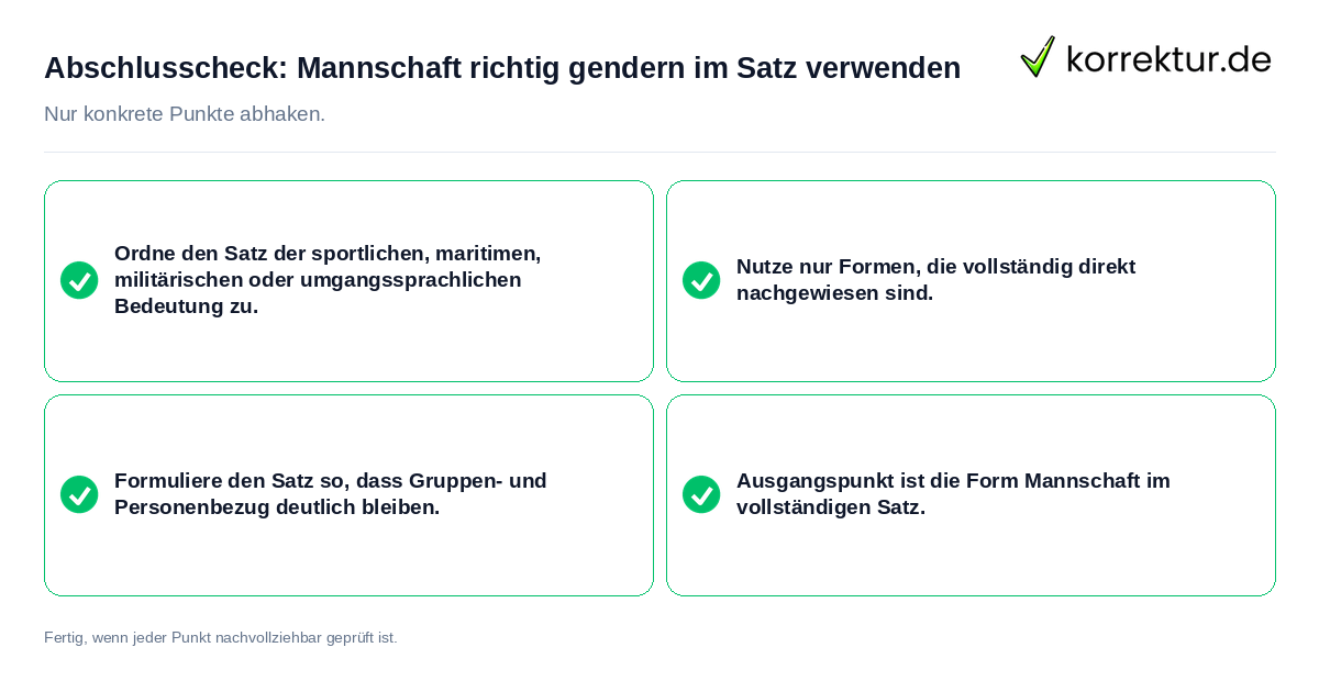 Abschlusscheck: Mannschaft richtig gendern im Satz verwenden Konkreter Abschlusscheck zu Mannschaft richtig gendern im Satz verwenden