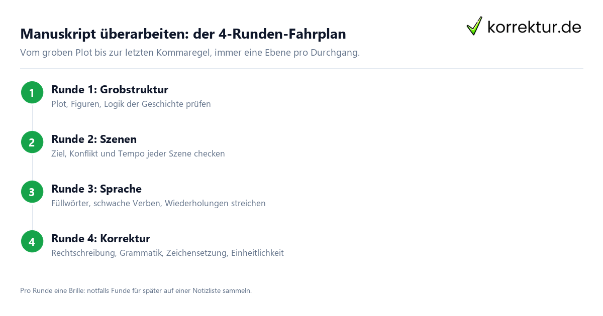 Manuskript überarbeiten: der 4-Runden-Fahrplan Manuskript überarbeiten in 4 Runden: Fahrplan vom Plot bis zur Korrektur