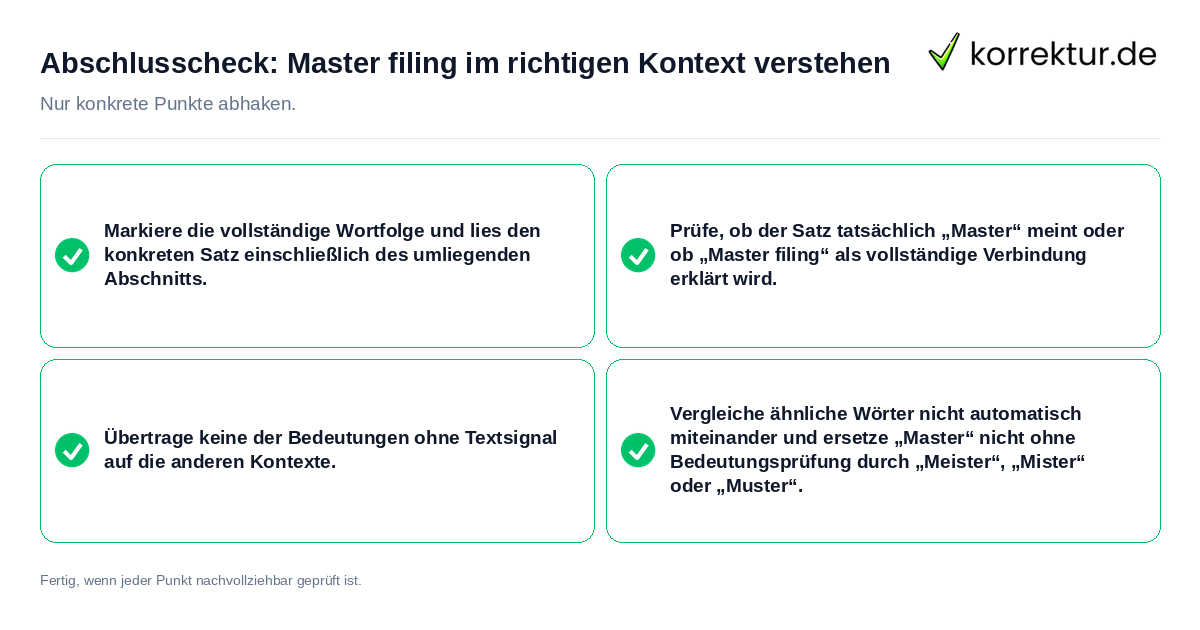 Konkreter Abschlusscheck zu Master filing im richtigen Kontext verstehen