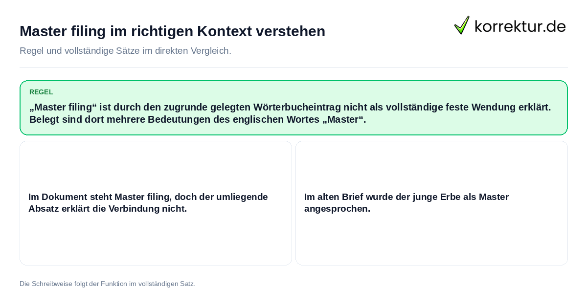 Konkrete Regel und vollständige Beispielsätze zu Master filing im richtigen Kontext verstehen