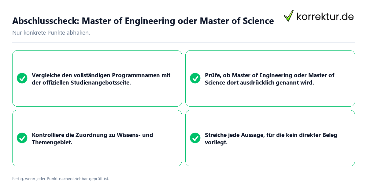 Konkreter Abschlusscheck zu Master of Engineering oder Master of Science